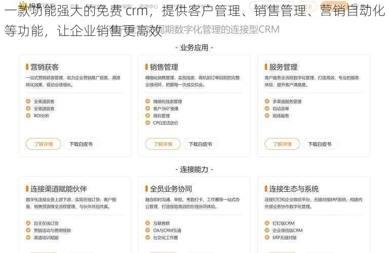 一款功能强大的免费 crm，提供客户管理、销售管理、营销自动化等功能，让企业销售更高效