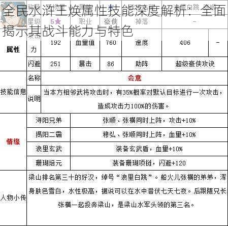 全民水浒王焕属性技能深度解析：全面揭示其战斗能力与特色