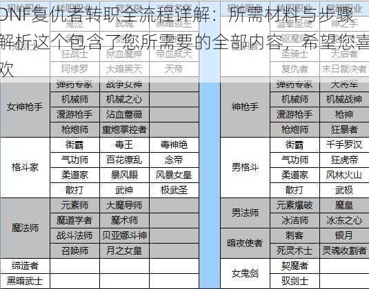 DNF复仇者转职全流程详解：所需材料与步骤解析这个包含了您所需要的全部内容，希望您喜欢