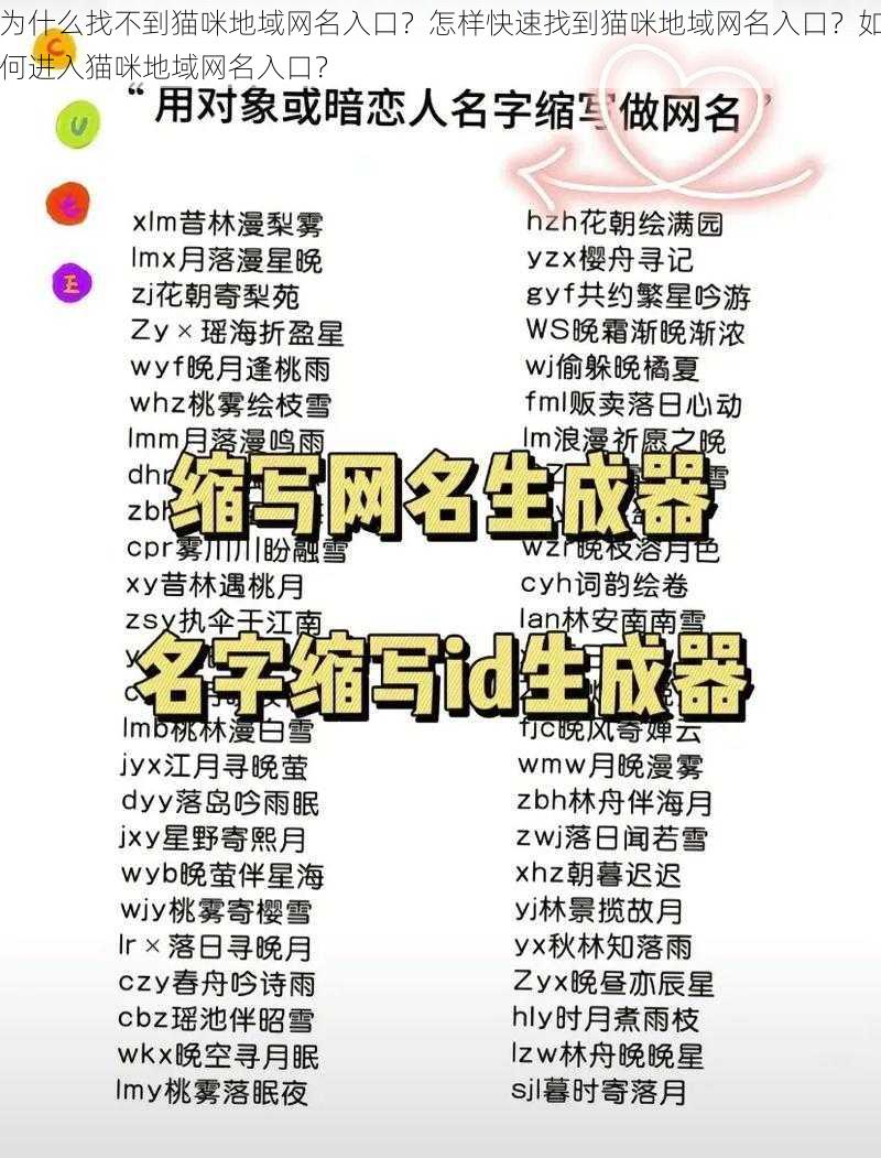 为什么找不到猫咪地域网名入口？怎样快速找到猫咪地域网名入口？如何进入猫咪地域网名入口？