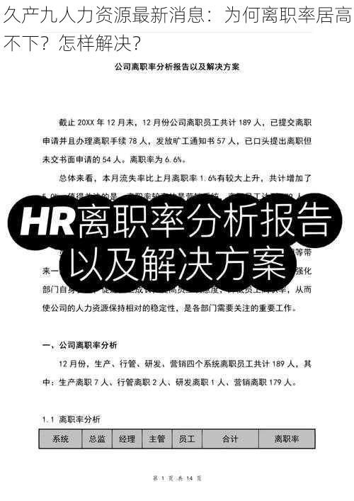 久产九人力资源最新消息：为何离职率居高不下？怎样解决？