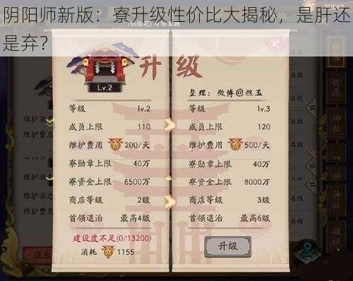 阴阳师新版：寮升级性价比大揭秘，是肝还是弃？